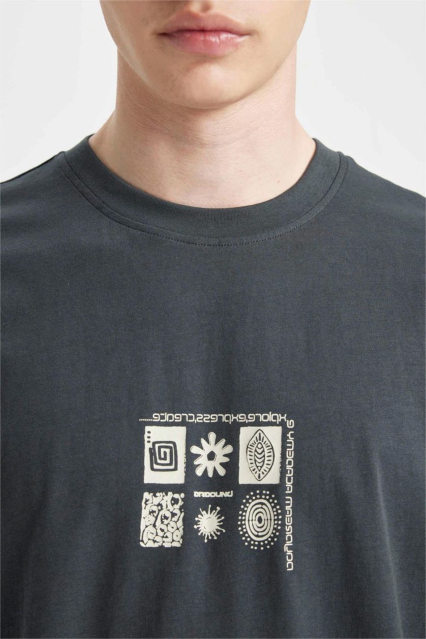 رجالي أنثرا تي شيرت مطبوع بقصة مريحة برقبة مستديرة