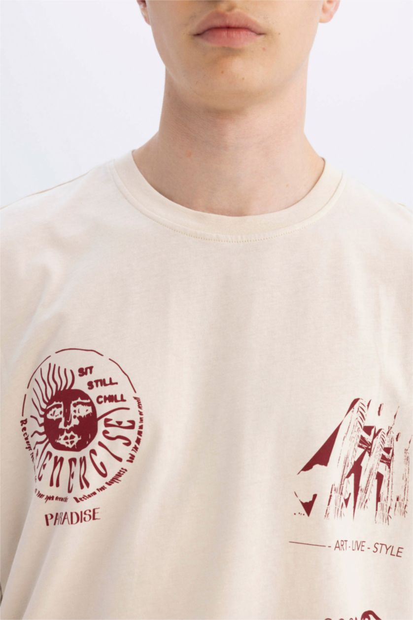 رجالي اللون الرملي تي شيرت اوفر سايز بطبعة من الخلف بيج رملي