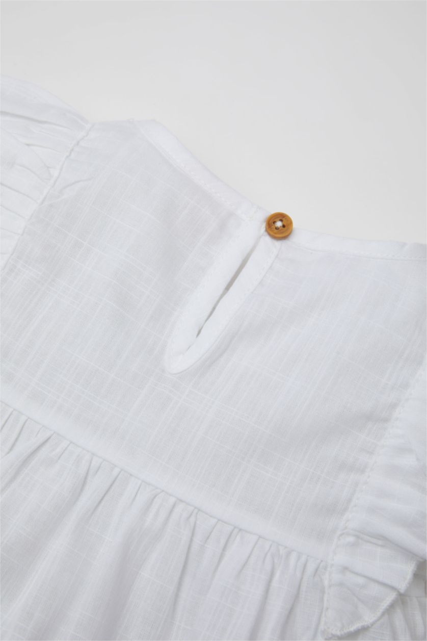 Kız Bebek Beyaz Kız Bebek 2'li Takım Kısa Kollu Flamlı Poplin Bluz Şort 