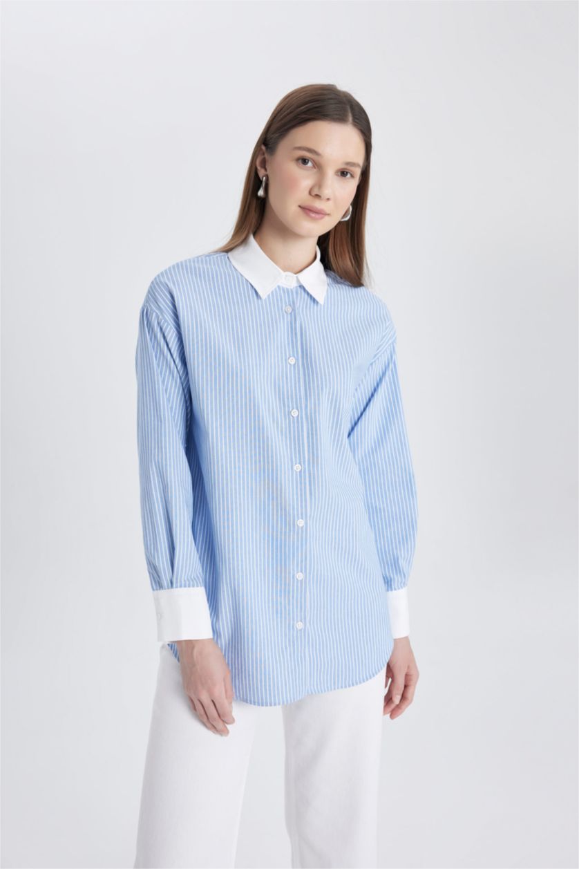 نساء أزرق Relax Fit Poplin Long Sleeve Tunic