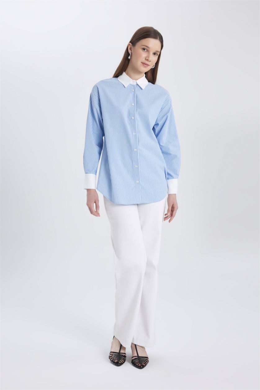 نساء أزرق Relax Fit Poplin Long Sleeve Tunic