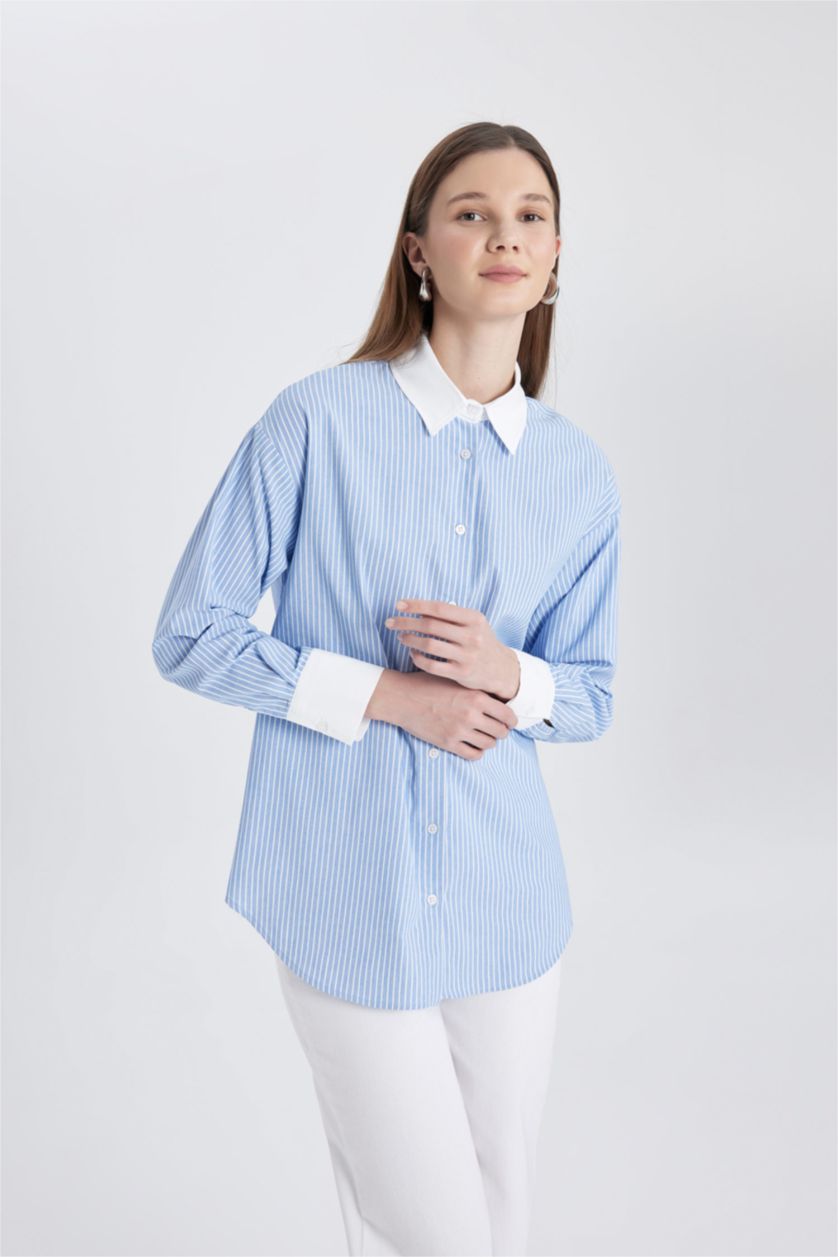نساء أزرق Relax Fit Poplin Long Sleeve Tunic