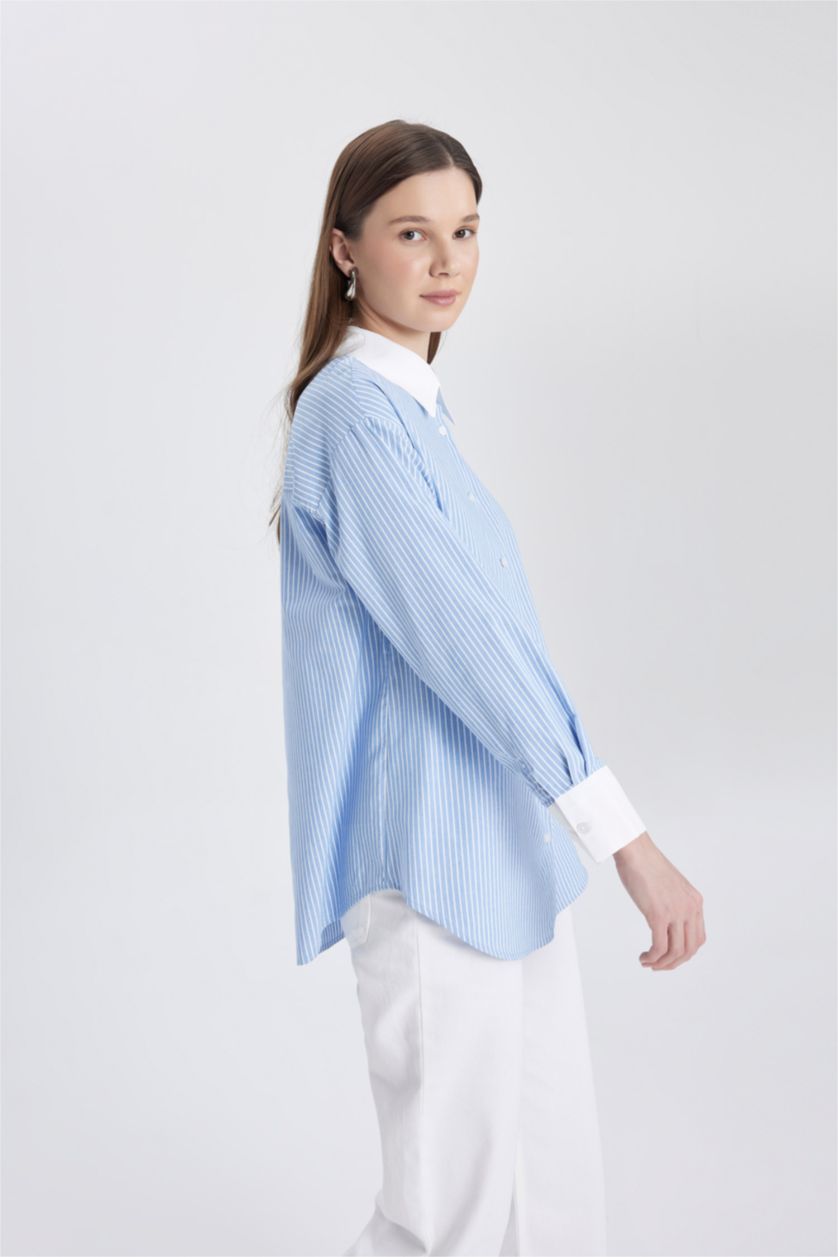 نساء أزرق Relax Fit Poplin Long Sleeve Tunic