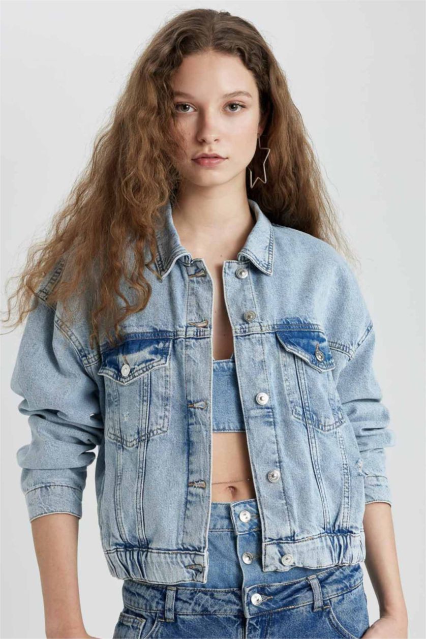 FEMME Indigo Clair Jacket Bomber en Jean avec poches boutonnées