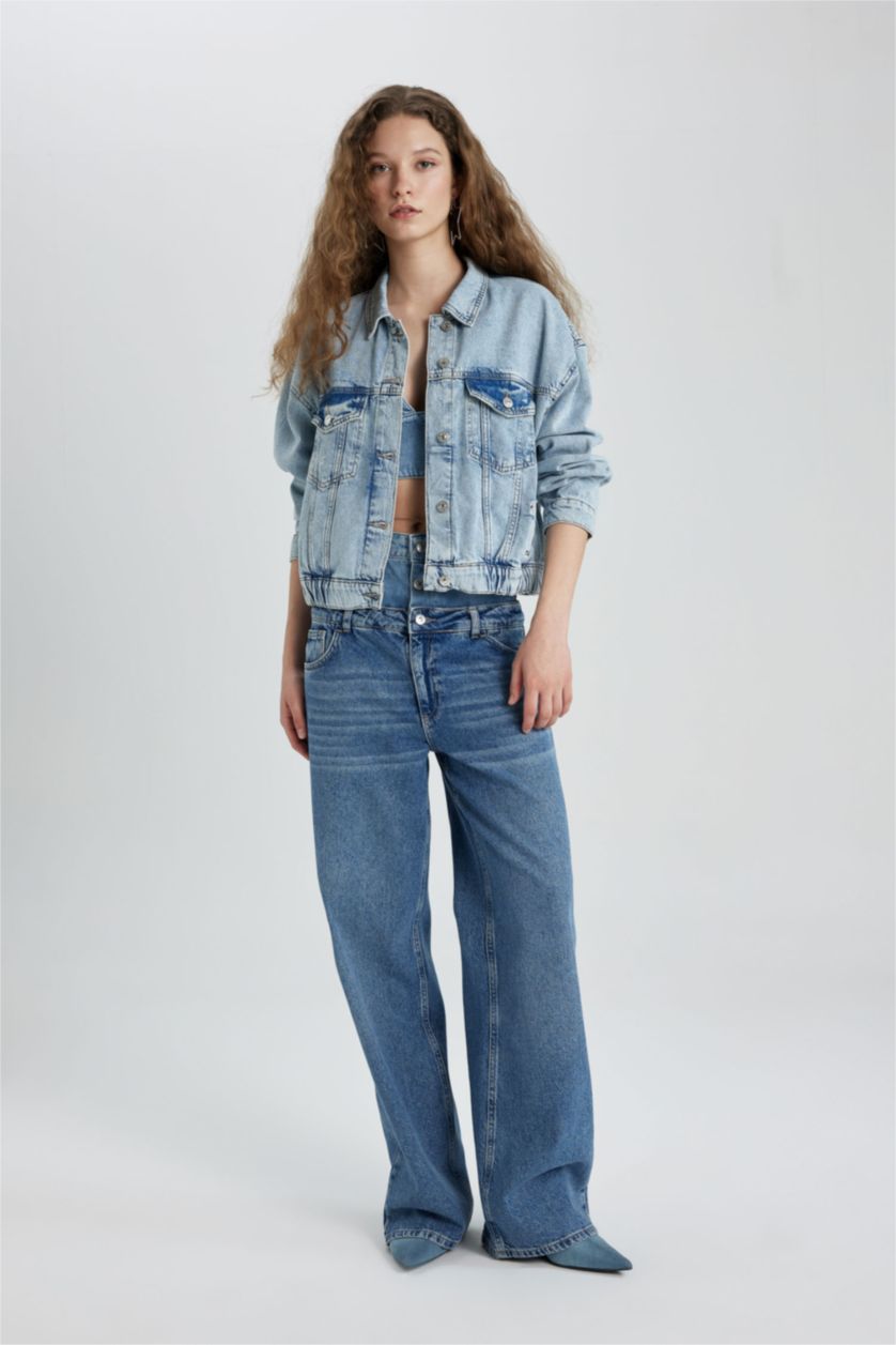 FEMME Indigo Clair Jacket Bomber en Jean avec poches boutonnées