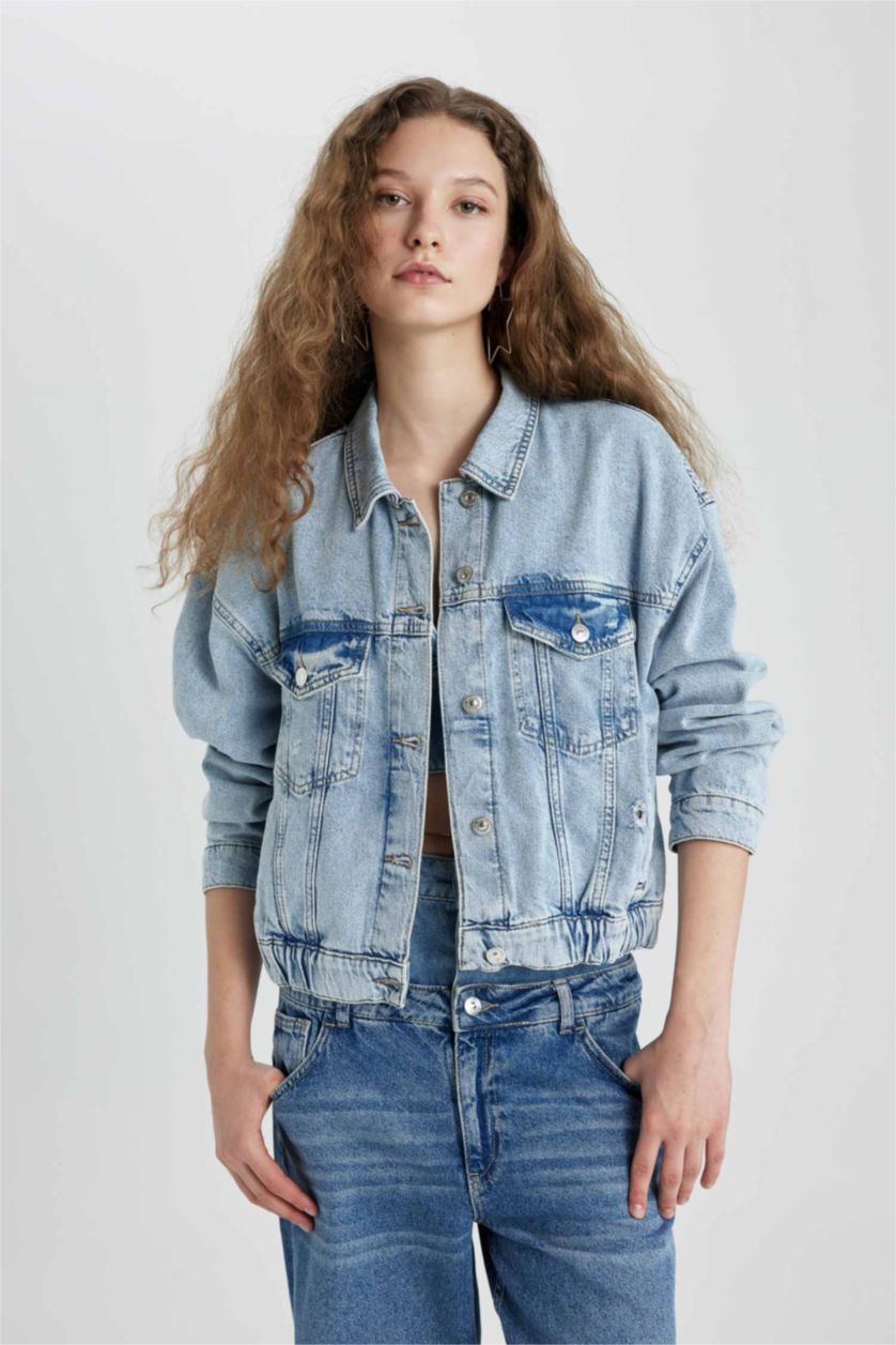 FEMME Indigo Clair Jacket Bomber en Jean avec poches boutonnées