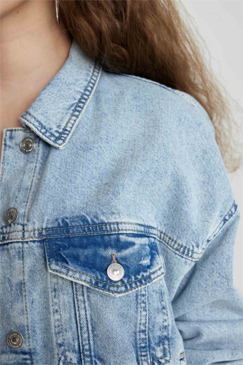 FEMME Indigo Clair Jacket Bomber en Jean avec poches boutonnées