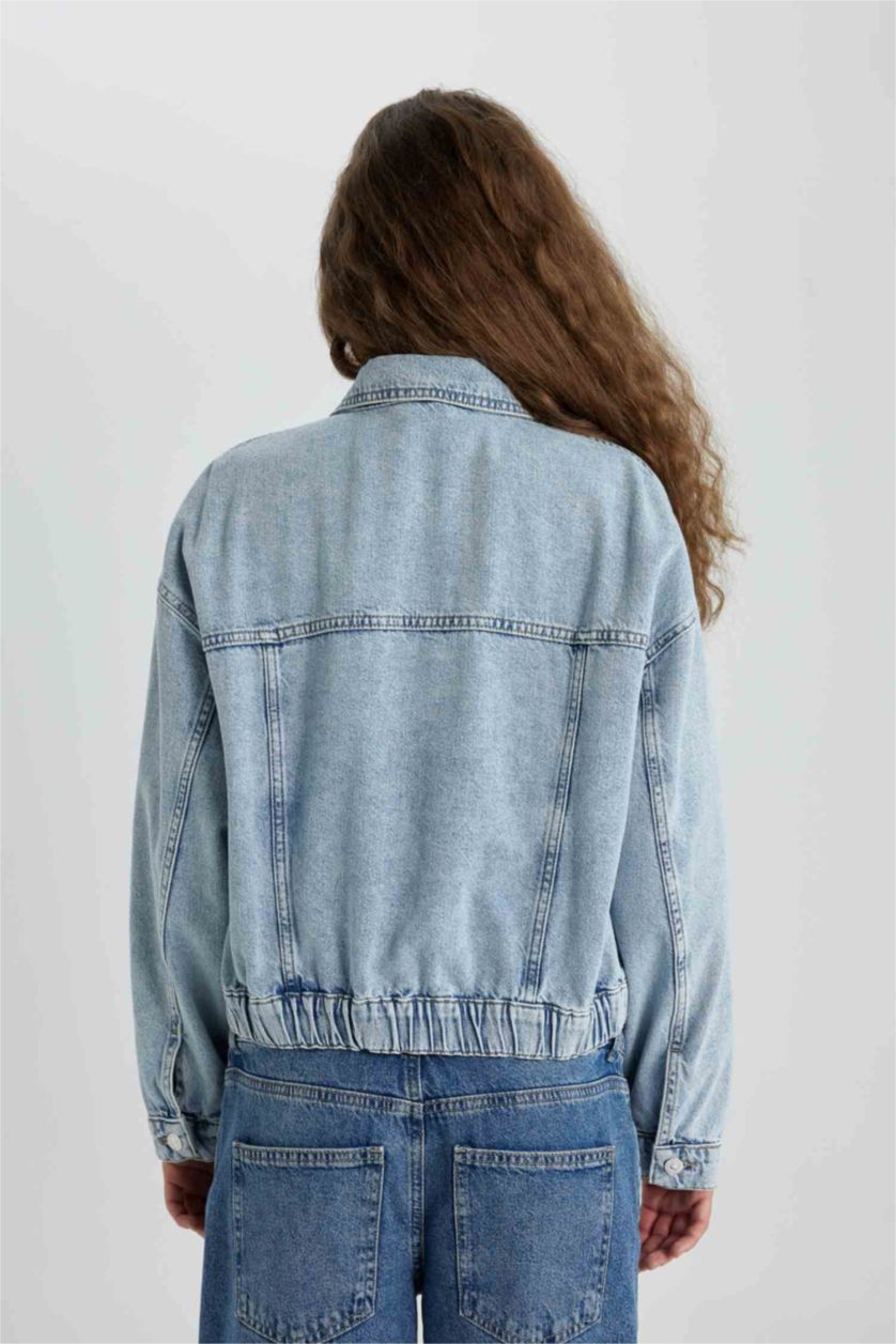 FEMME Indigo Clair Jacket Bomber en Jean avec poches boutonnées