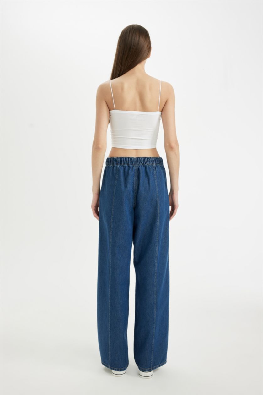 نساء أزرق فاتح بنطرون جينز وايد ليج برجل واسع وخصر عادي