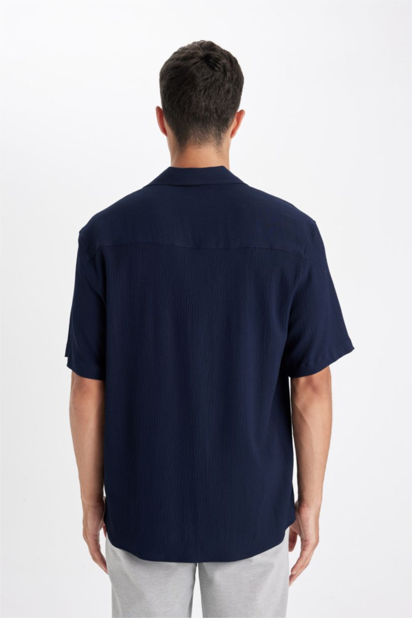 Erkek Lacivert Relax Fit Yazlık Polo Yaka Dokulu Kısa Kollu Gömlek