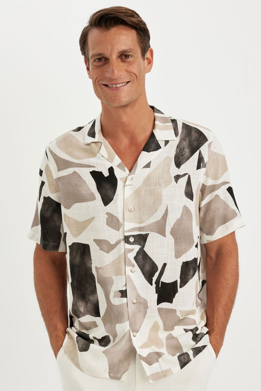 Man Teak Relax Fit Polo Collar Patterned Short Sleeve Shirt