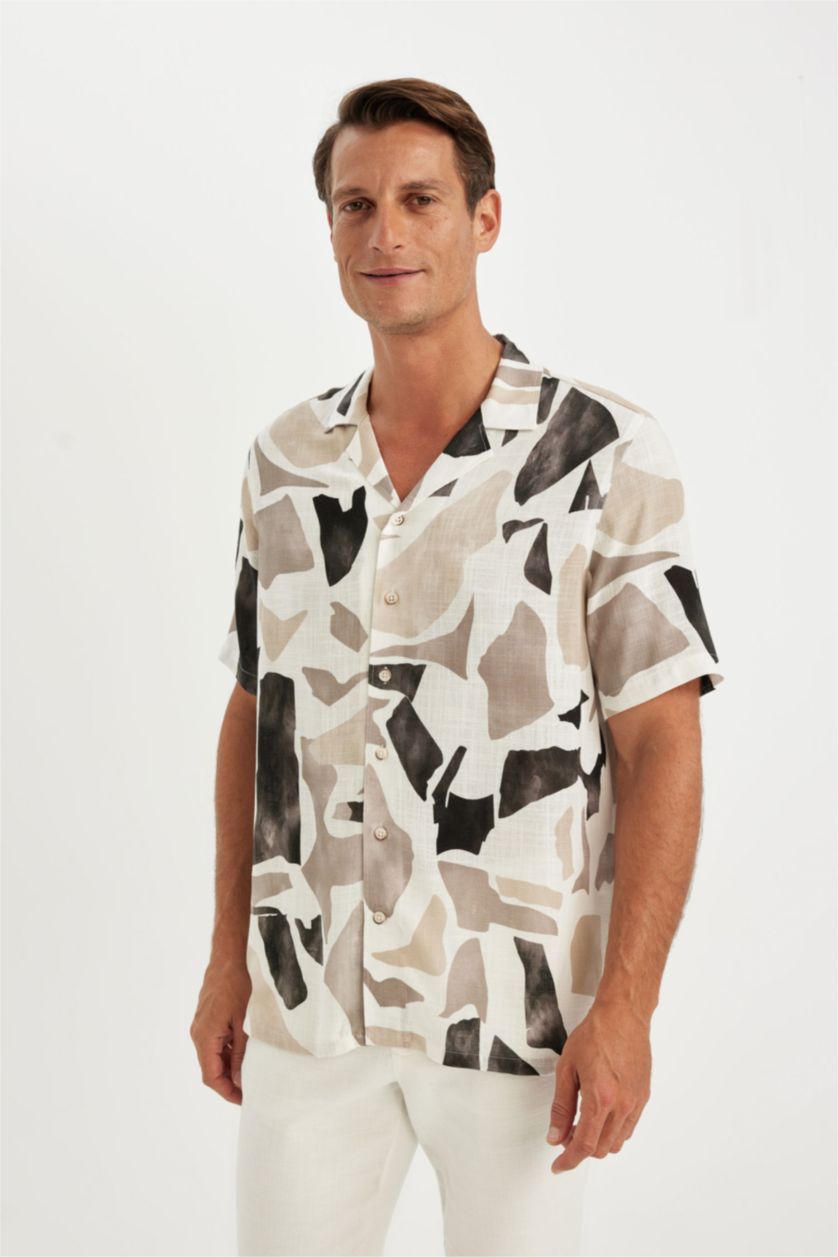 Man Teak Relax Fit Polo Collar Patterned Short Sleeve Shirt