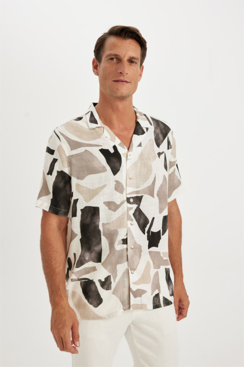 Man Teak Relax Fit Polo Collar Patterned Short Sleeve Shirt