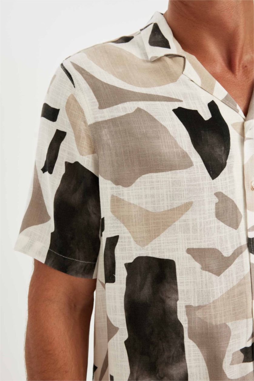 Man Teak Relax Fit Polo Collar Patterned Short Sleeve Shirt