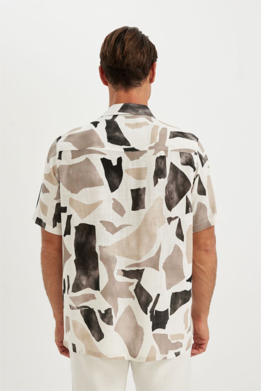 Man Teak Relax Fit Polo Collar Patterned Short Sleeve Shirt