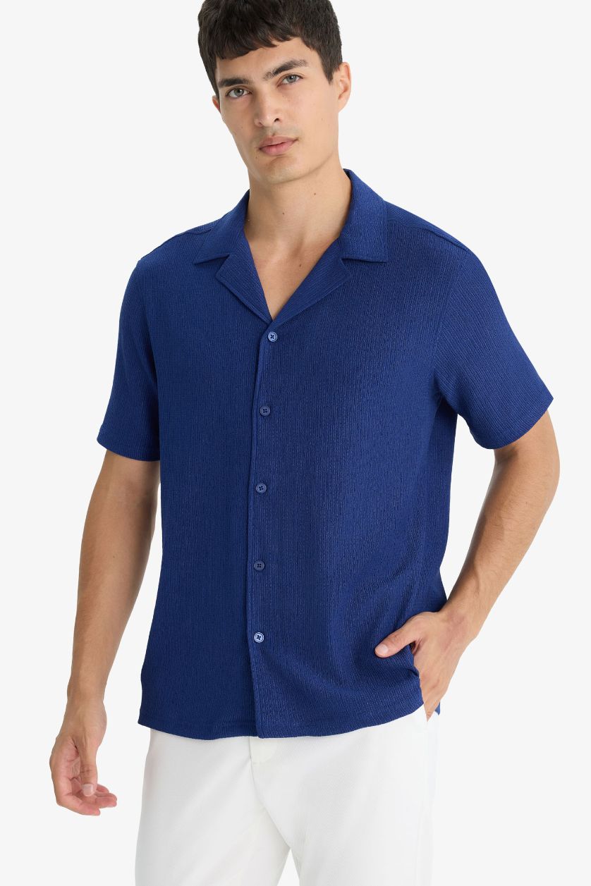 Man Sax Modern Fit Polo Neck Short Sleeve Cotton Shirt