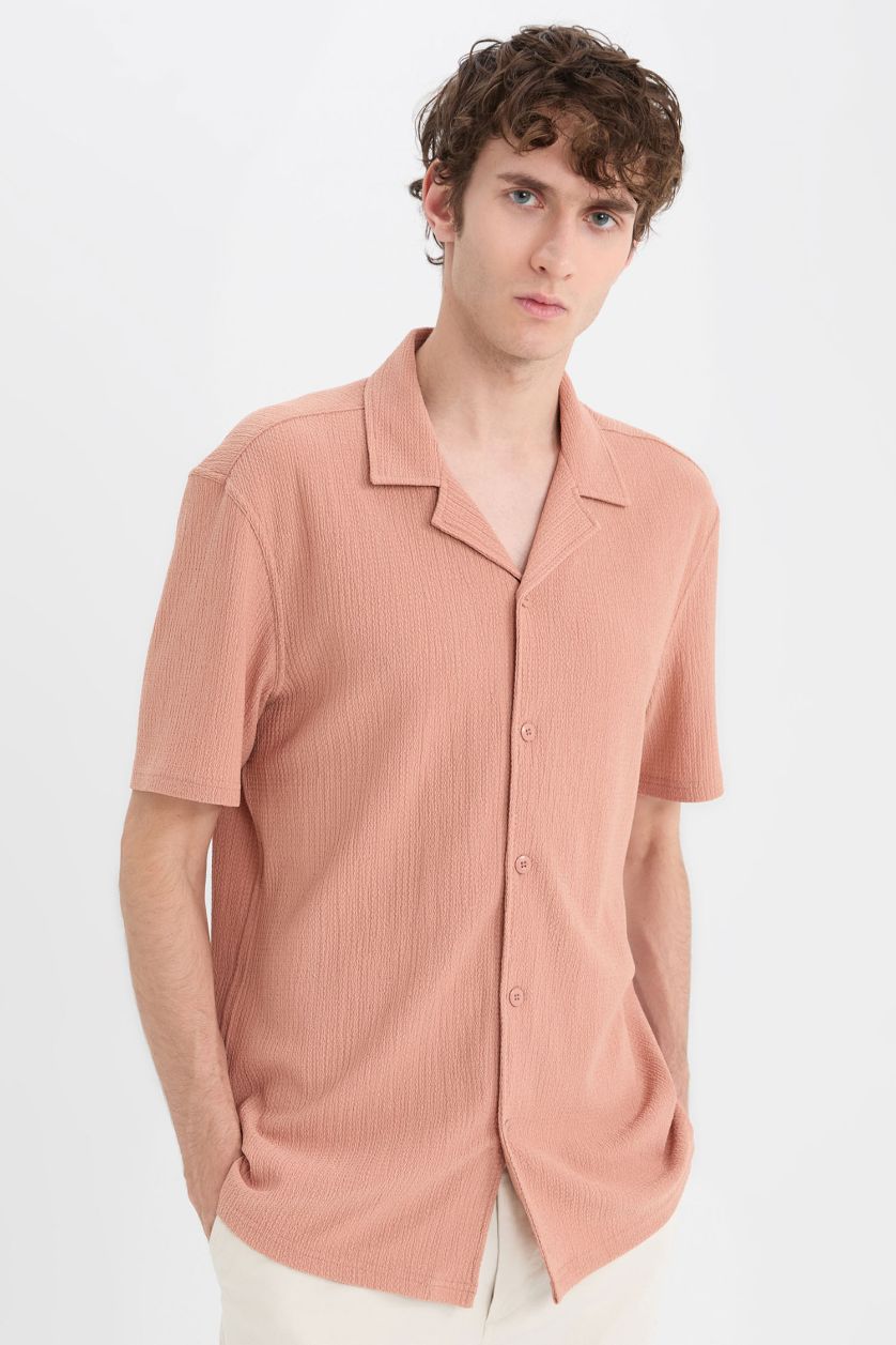 Erkek Vizon 	Modern Fit Polo Yaka Dokulu Penye Kısa Kollu Gömlek