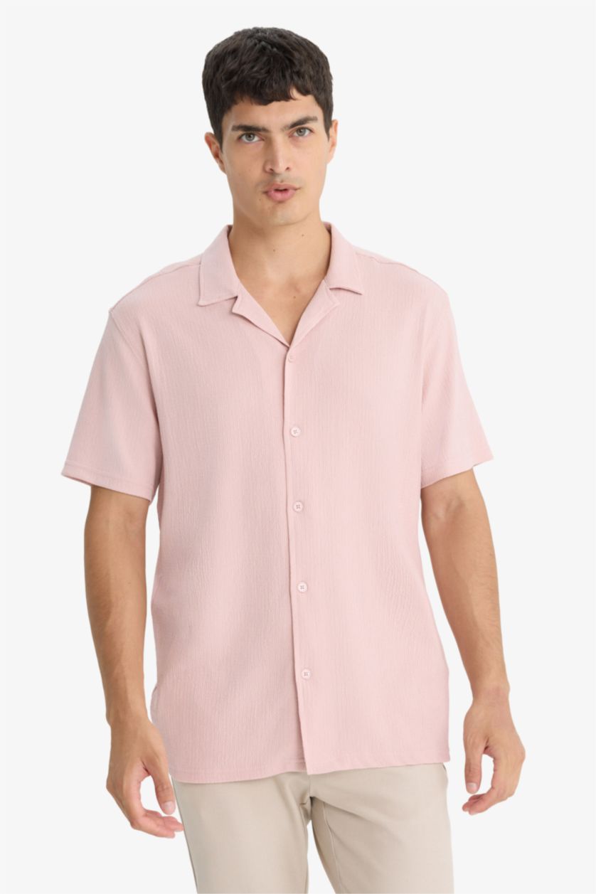 Erkek Açık Gülkurusu Modern Fıt Polo Yaka Penye Kısa Kollu Gömlek