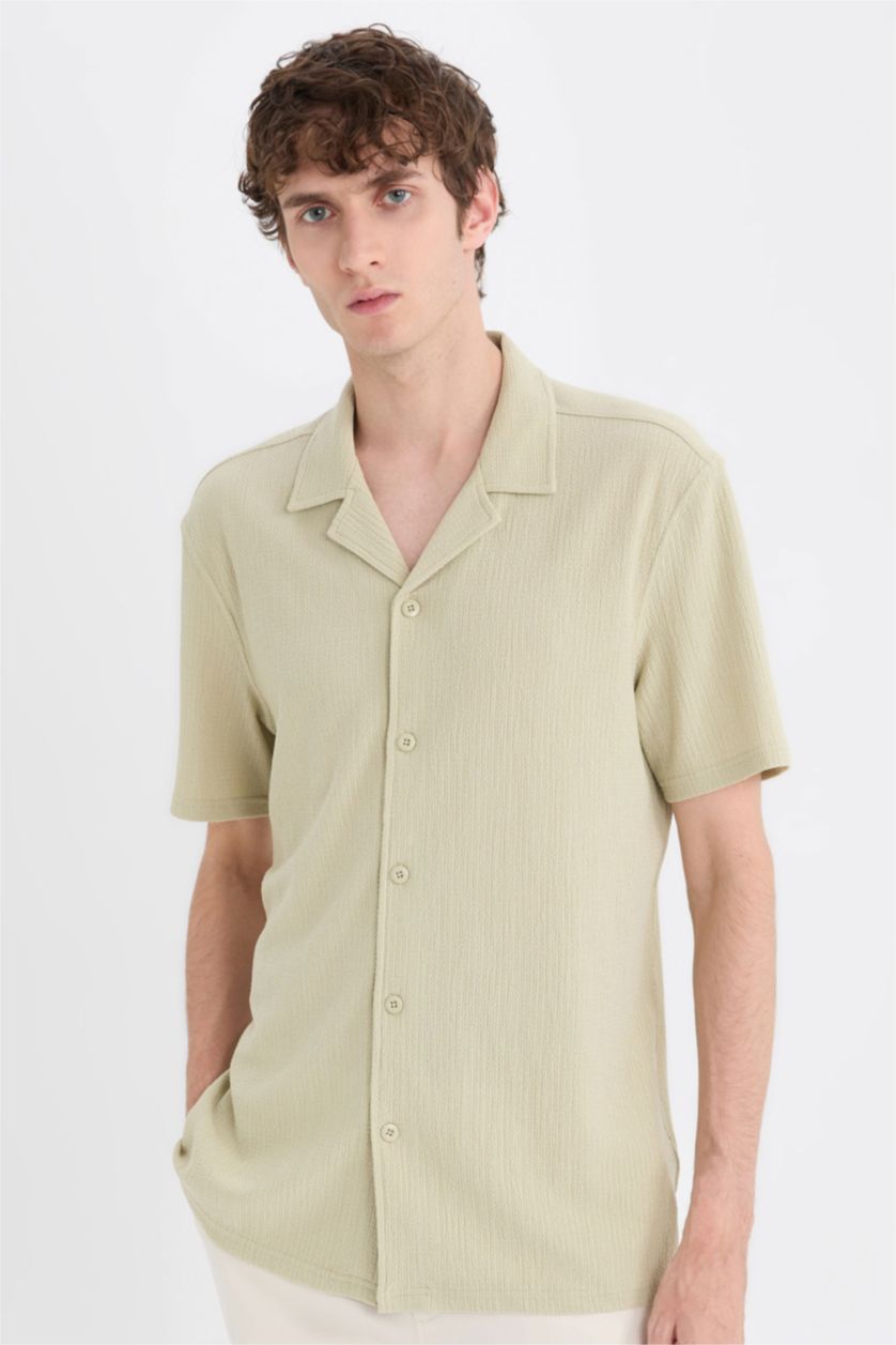MAN Light Khaki Modern Fit Resort Neck Short Sleeve Shirt