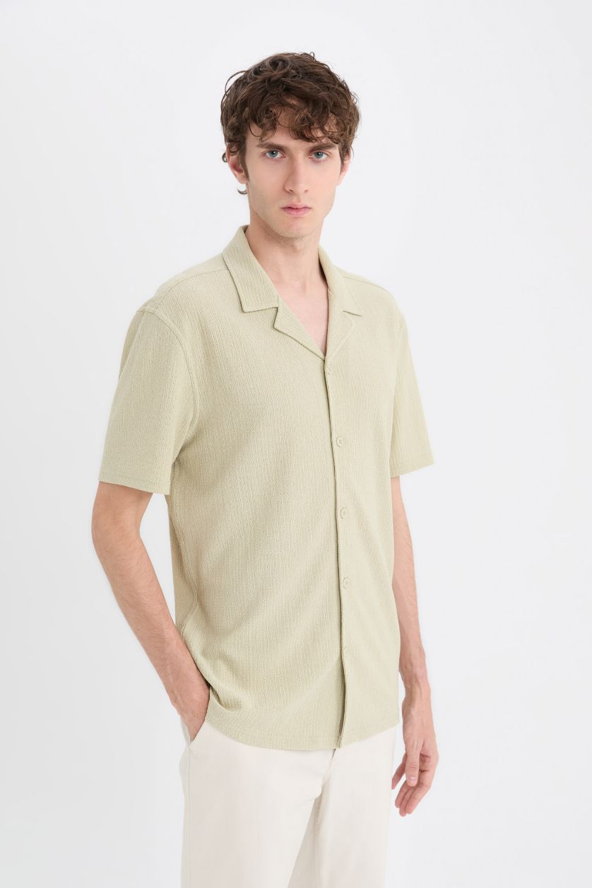 MAN Light Khaki Modern Fit Resort Neck Short Sleeve Shirt