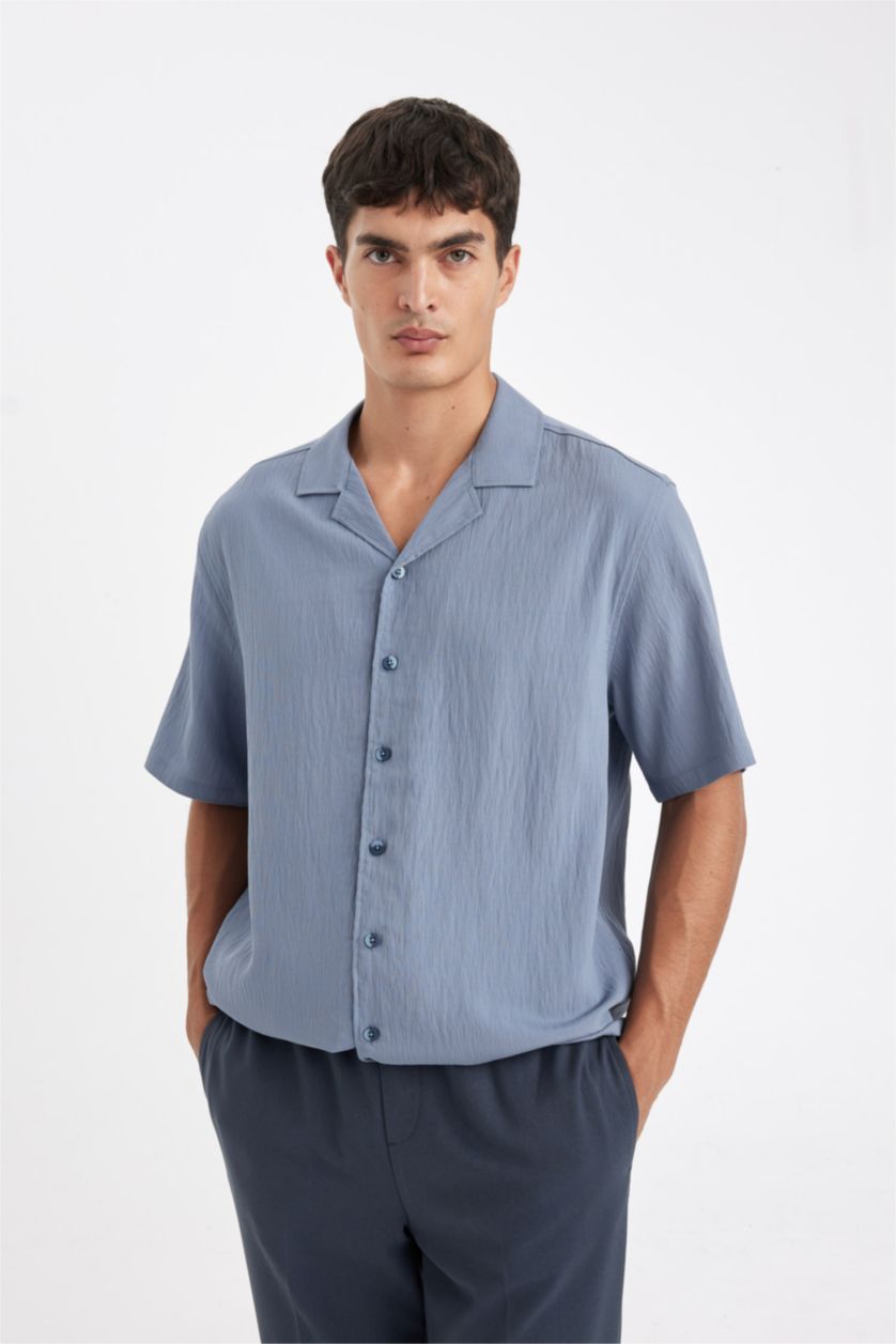 Erkek Gri Relax Fit Krinkıl Kısa Kollu Gömlek