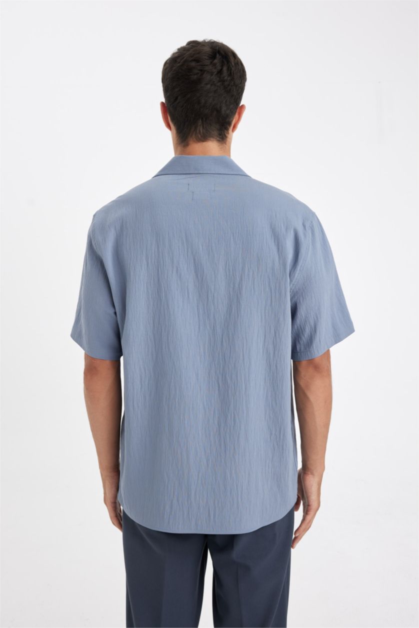 Erkek Gri Relax Fit Krinkıl Kısa Kollu Gömlek