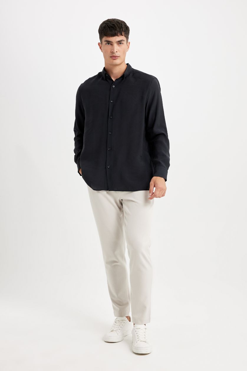 Erkek Siyah Relax Fit Polo Yaka Poplin Modal Basic Düz Uzun Kollu Siyah Gömlek