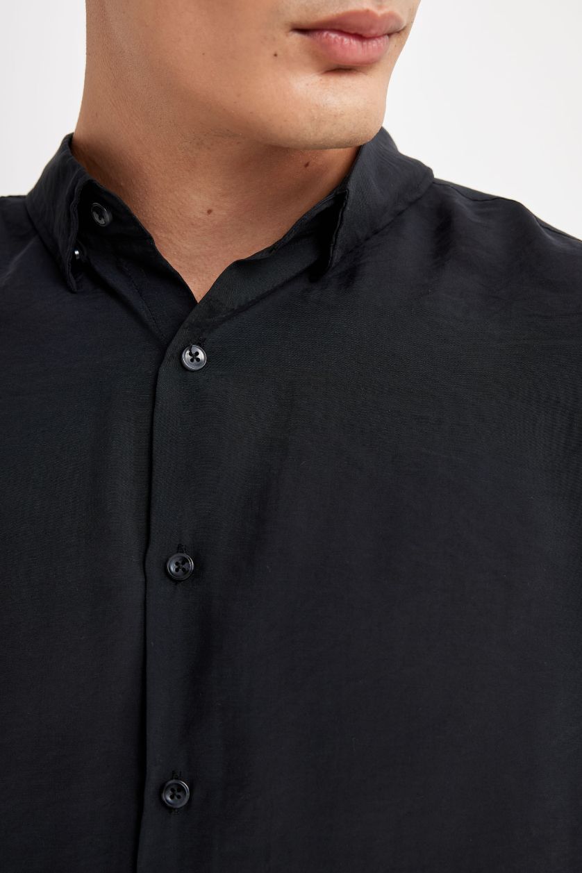 Erkek Siyah Relax Fit Polo Yaka Poplin Modal Basic Düz Uzun Kollu Siyah Gömlek