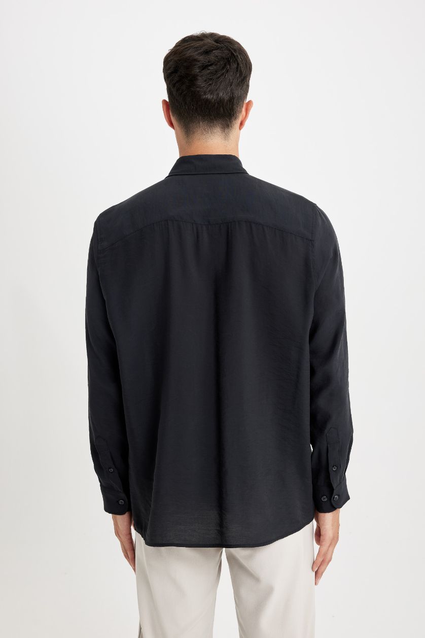 Erkek Siyah Relax Fit Polo Yaka Poplin Modal Basic Düz Uzun Kollu Siyah Gömlek