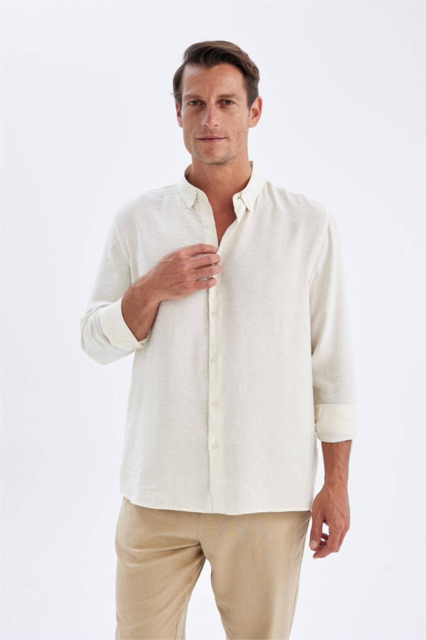 Erkek Ekru Relax Fit Polo Yaka Poplin Modal Basic Düz Uzun Kollu Gömlek