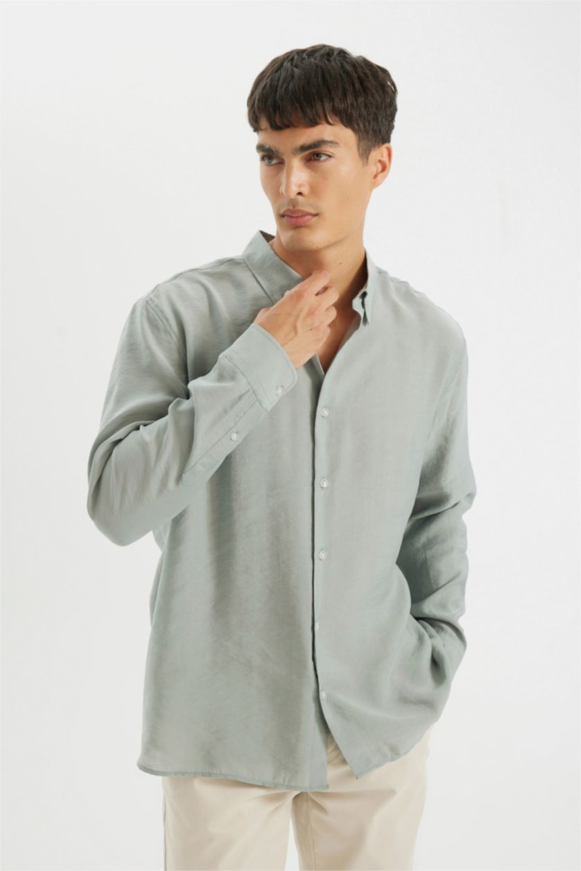 Man Grey Relax Fit Poplin Long Sleeve Polo Shirt