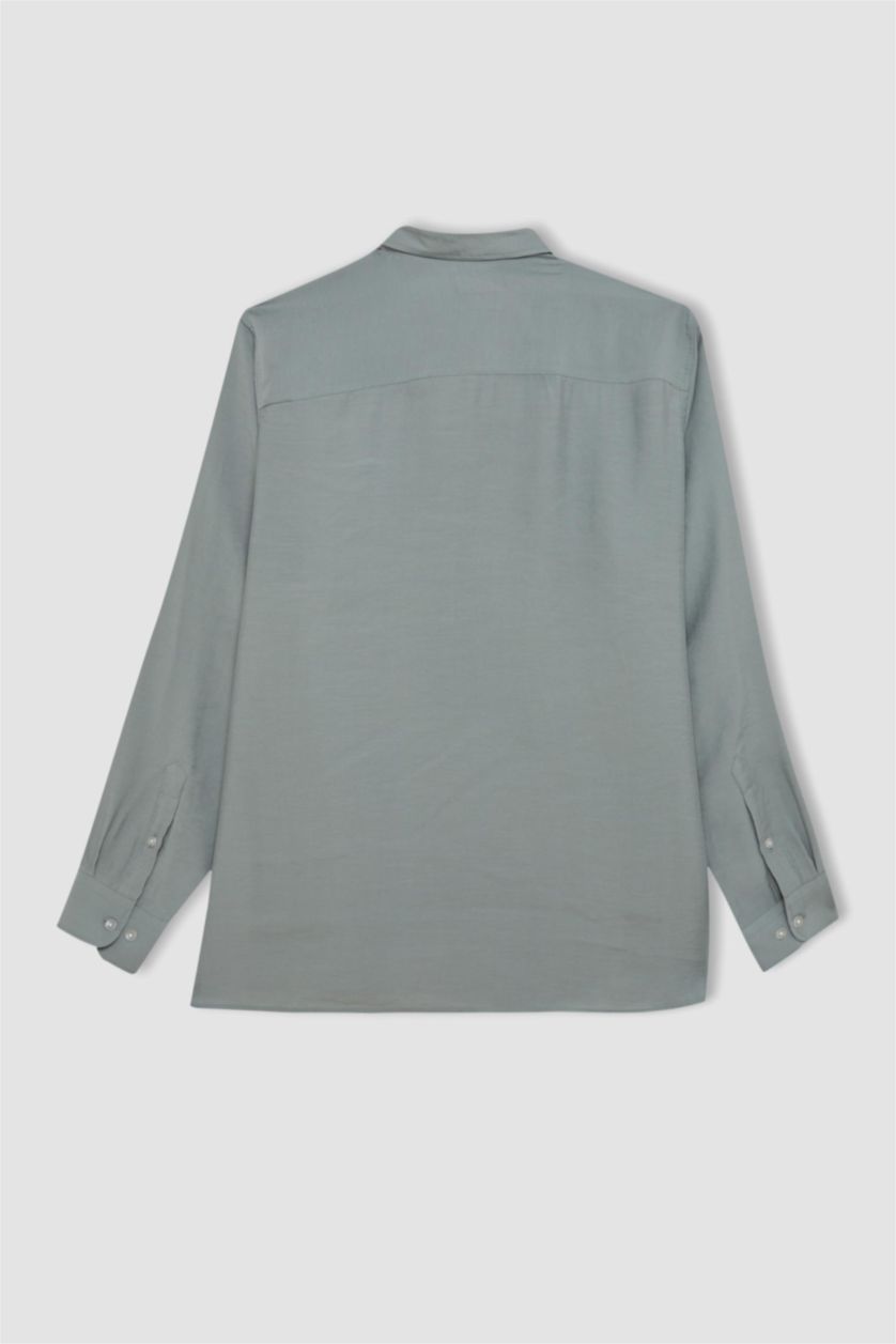 Man Grey Relax Fit Poplin Long Sleeve Polo Shirt