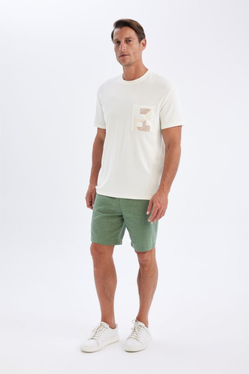 Erkek Ekru Regular Fıt Kısa Kollu Tişört