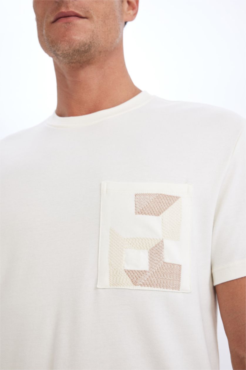 Erkek Ekru Regular Fıt Kısa Kollu Tişört