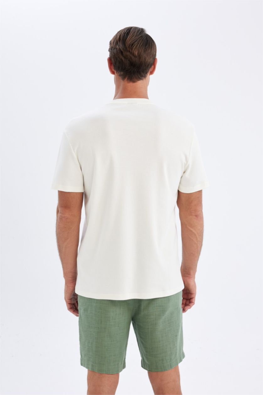Erkek Ekru Regular Fıt Kısa Kollu Tişört