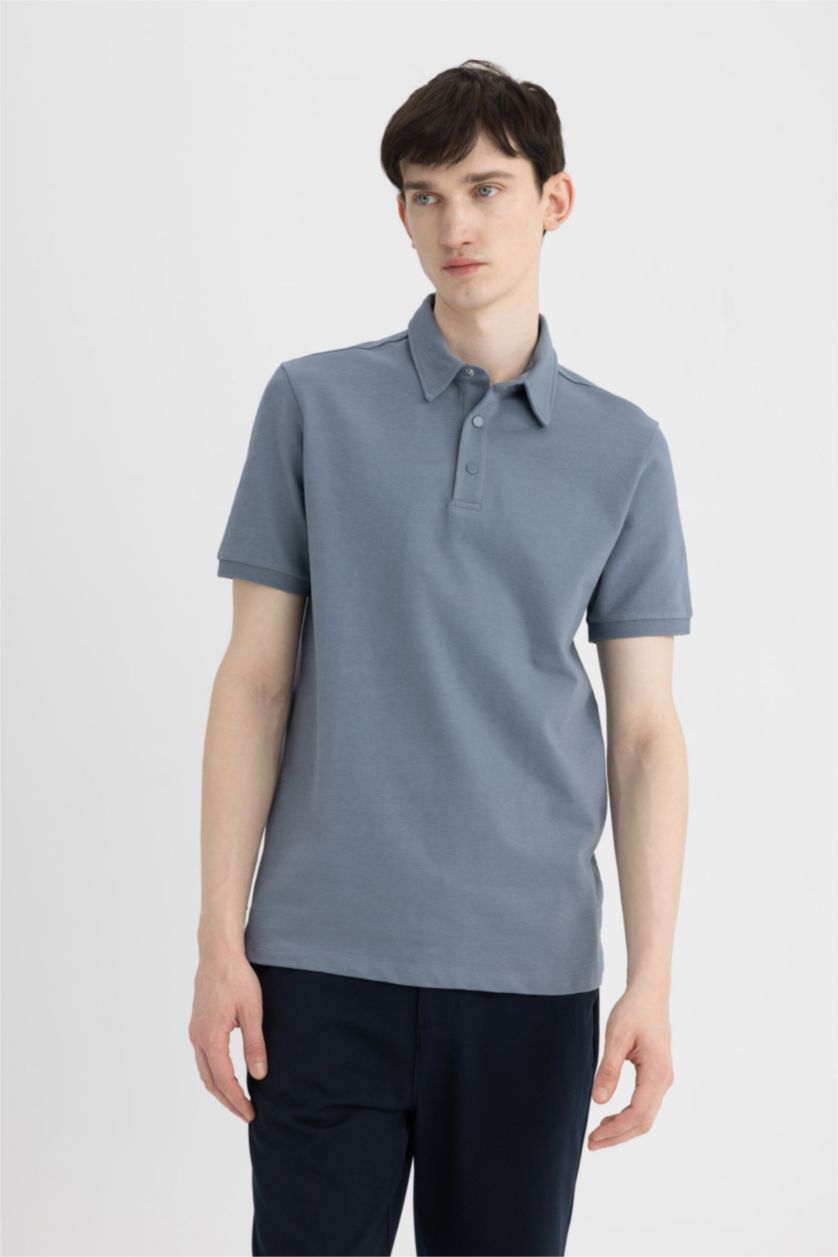 رجال أزرق تيشيرت بولو نص كم بيكة سليم فيت