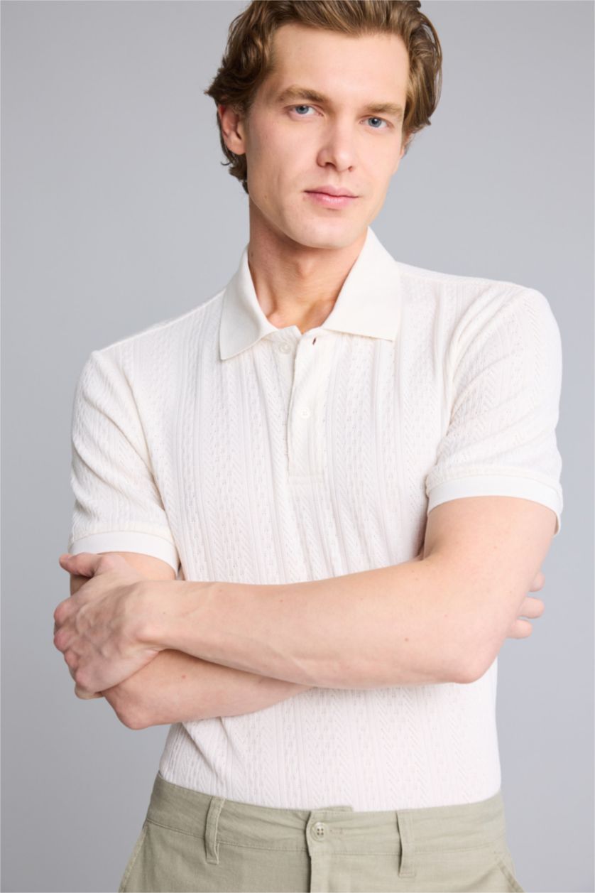 Erkek Ekru Regular Fit Polo Yaka Kısa Kollu Triko Tişört