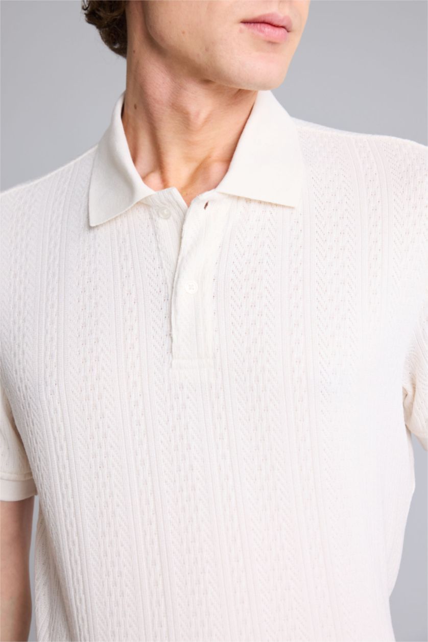 Erkek Ekru Regular Fit Polo Yaka Kısa Kollu Triko Tişört