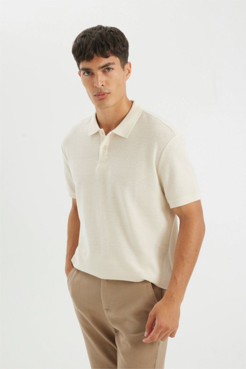 Erkek Kırık Beyaz Regular Fit Kısa Kollu Krep Polo Tişört