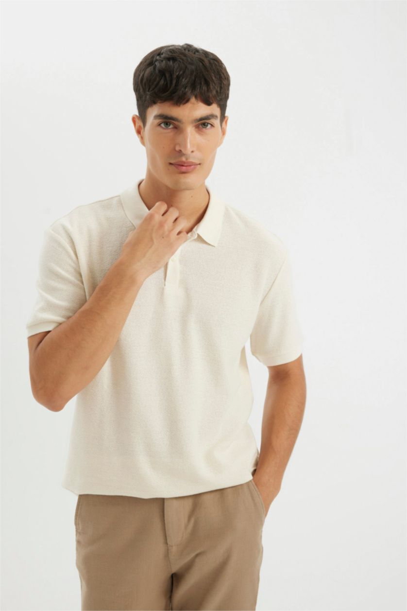 Erkek Kırık Beyaz Regular Fit Kısa Kollu Krep Polo Tişört