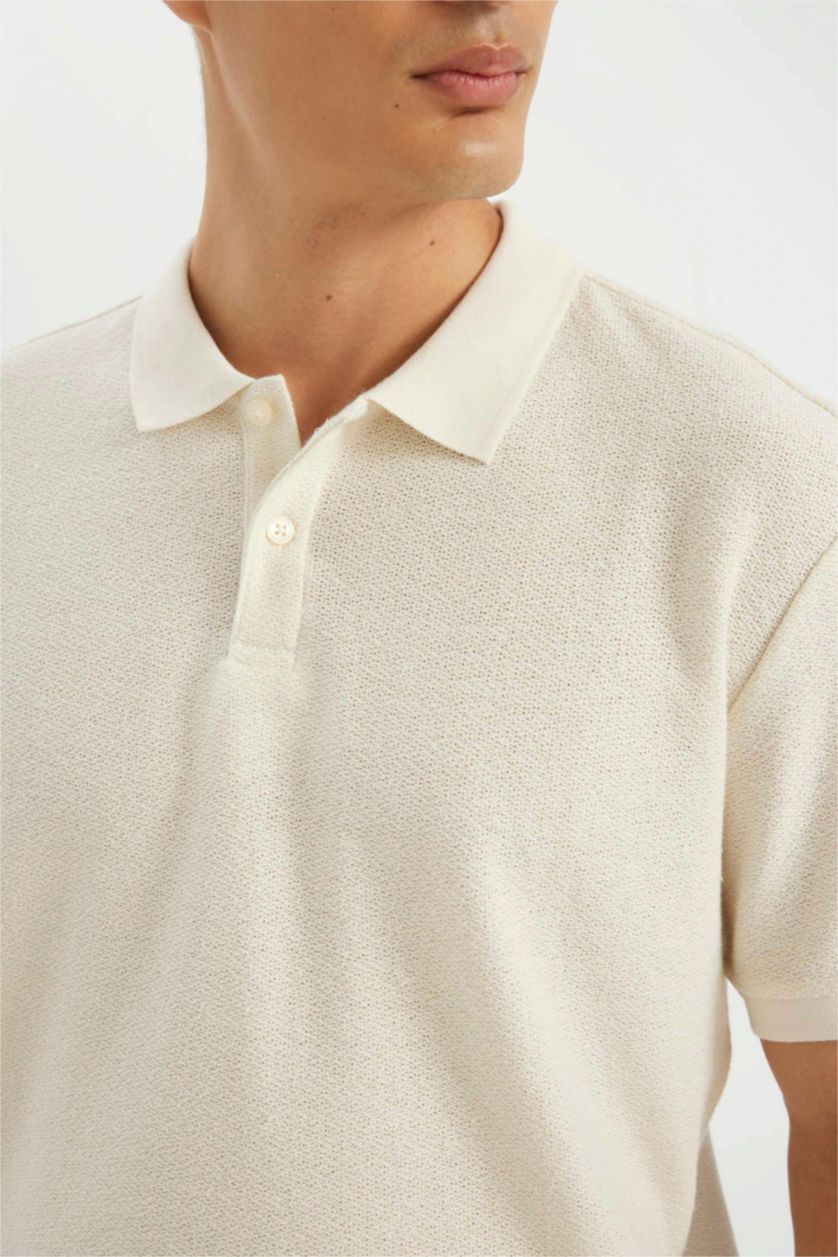 Erkek Kırık Beyaz Regular Fit Kısa Kollu Krep Polo Tişört