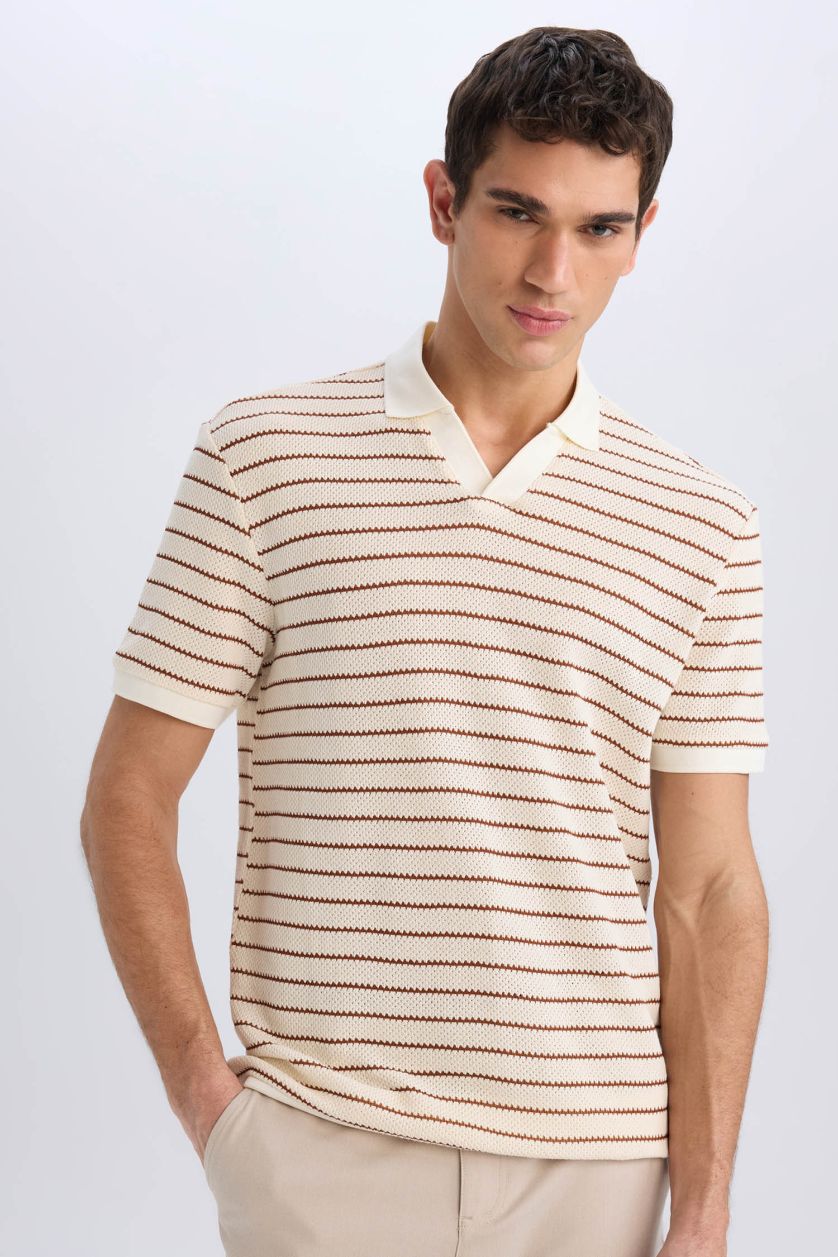 Erkek Açık Kahve Regular Fit Polo Yaka Çizgili Triko Kısa Kollu Tişört
