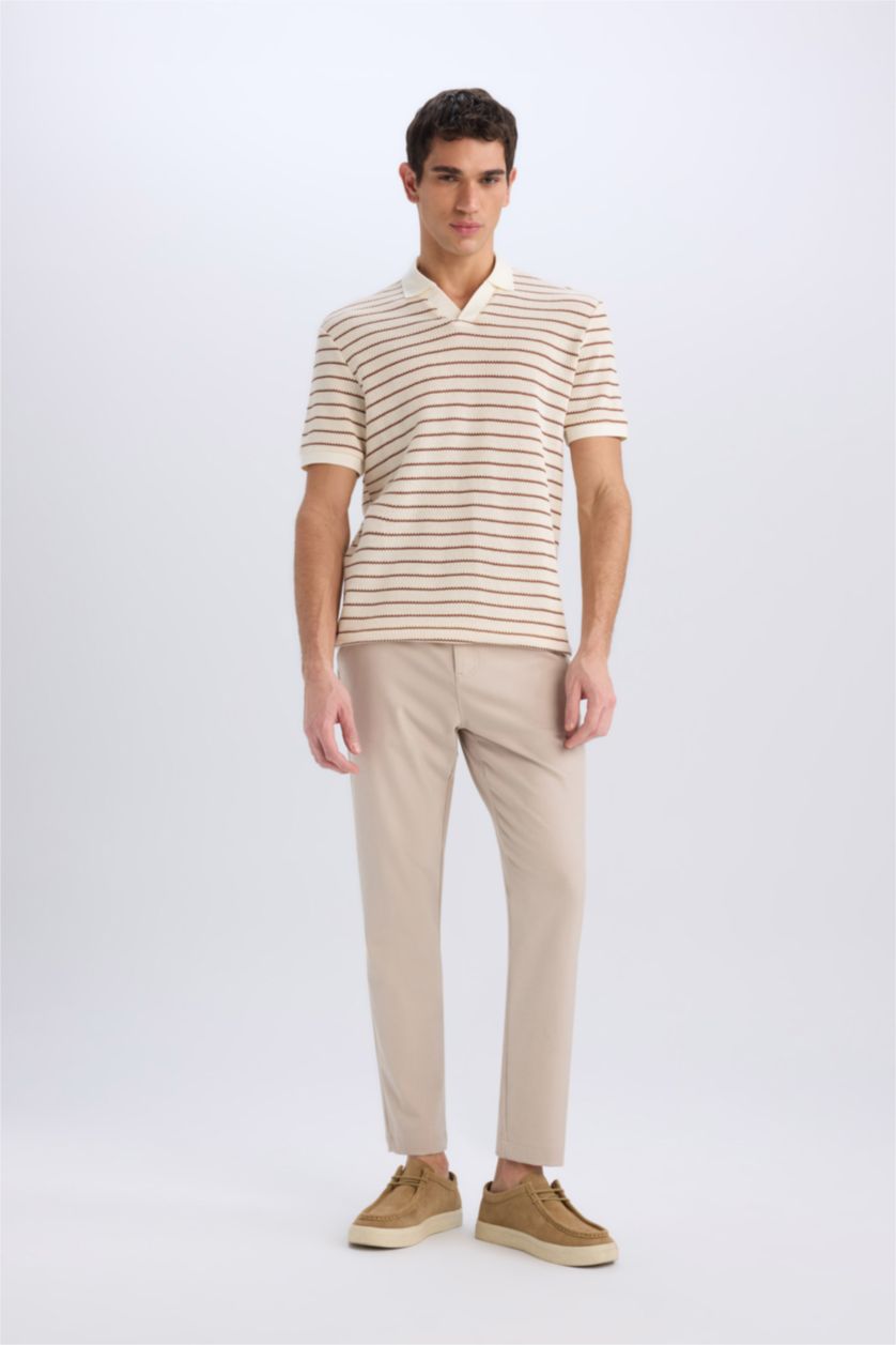 Erkek Açık Kahve Regular Fit Polo Yaka Çizgili Triko Kısa Kollu Tişört
