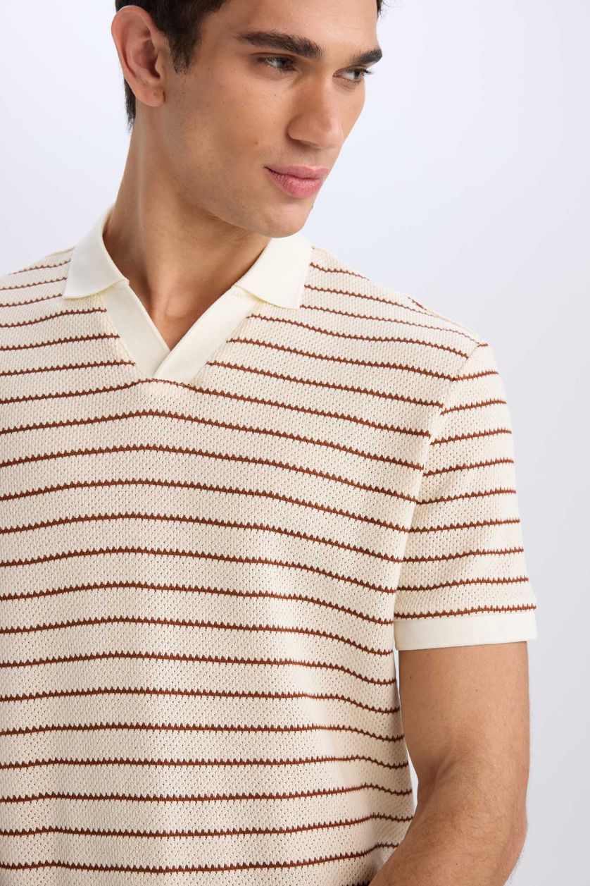 Erkek Açık Kahve Regular Fit Polo Yaka Çizgili Triko Kısa Kollu Tişört