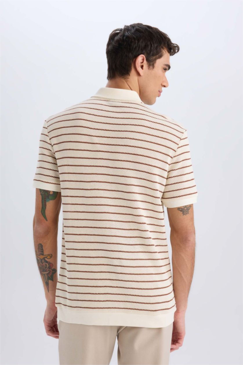 Erkek Açık Kahve Regular Fit Polo Yaka Çizgili Triko Kısa Kollu Tişört