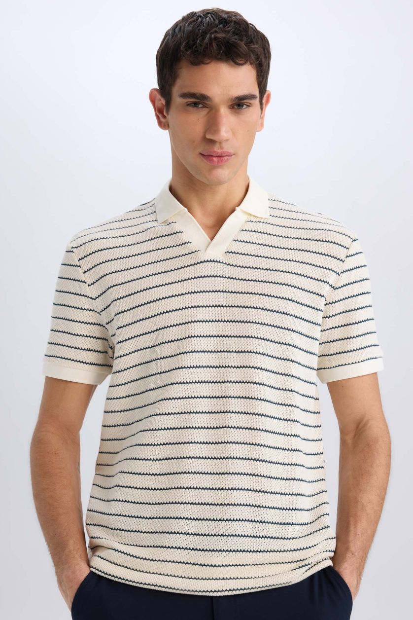 Erkek Açık İndigo Regular Fit Polo Yaka Çizgili Triko Kısa Kollu Tişört