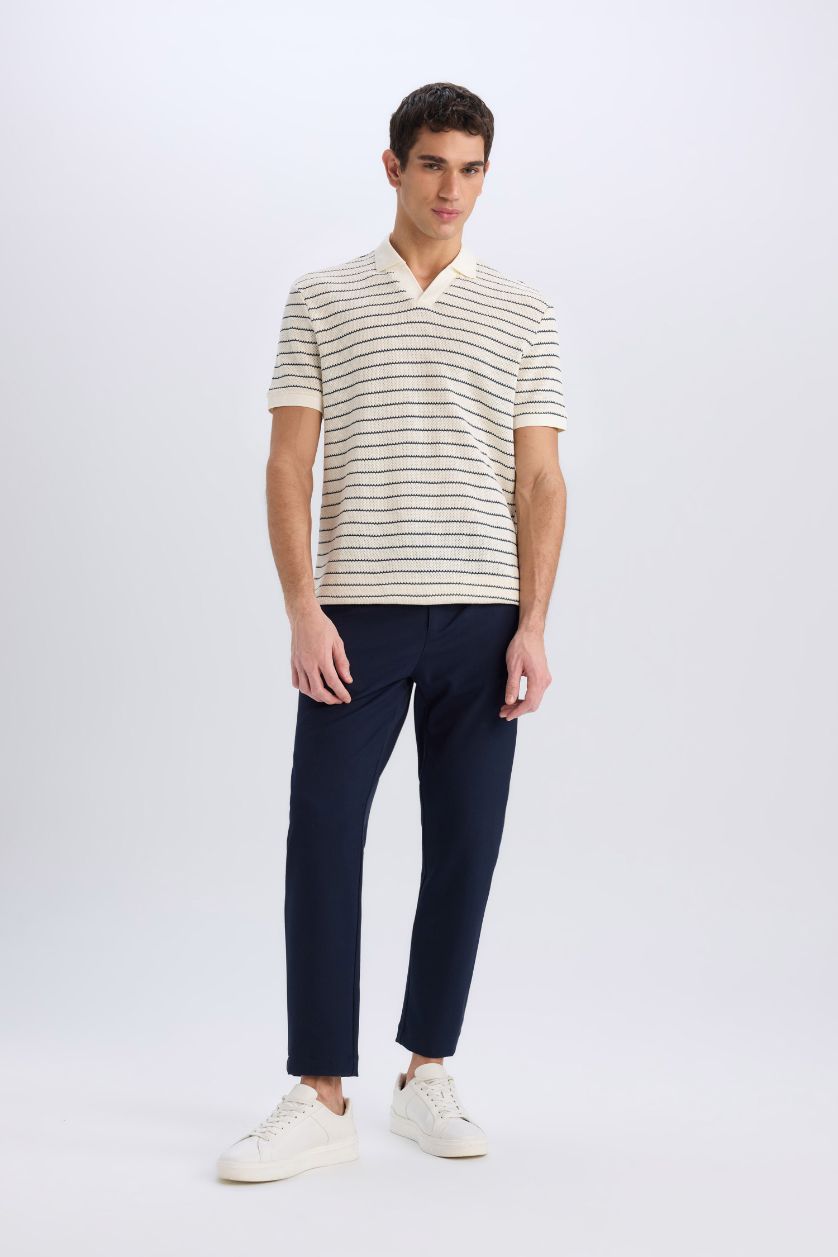 Erkek Açık İndigo Regular Fit Polo Yaka Çizgili Triko Kısa Kollu Tişört