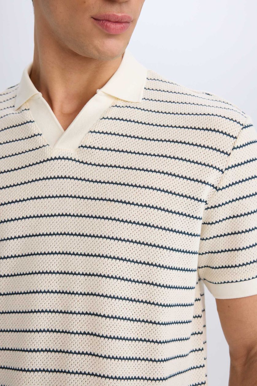 Erkek Açık İndigo Regular Fit Polo Yaka Çizgili Triko Kısa Kollu Tişört