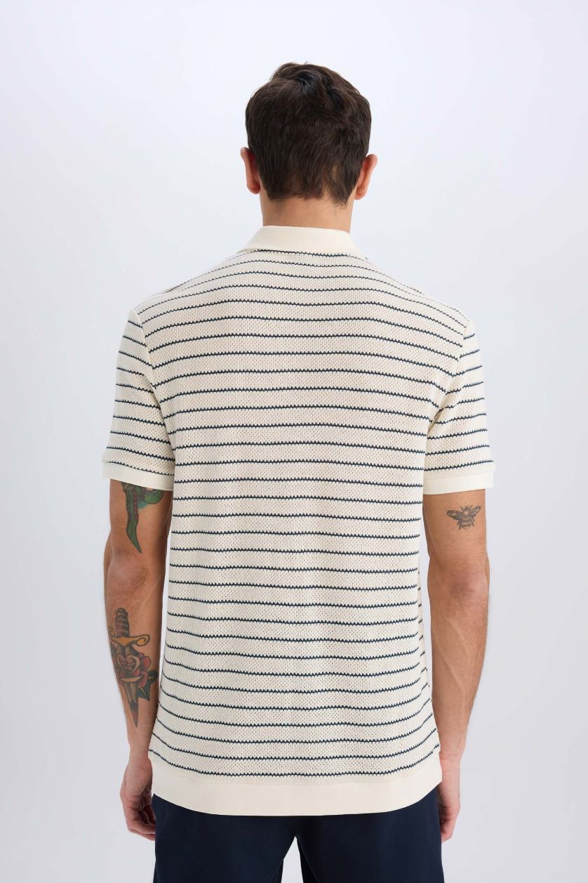 Erkek Açık İndigo Regular Fit Polo Yaka Çizgili Triko Kısa Kollu Tişört