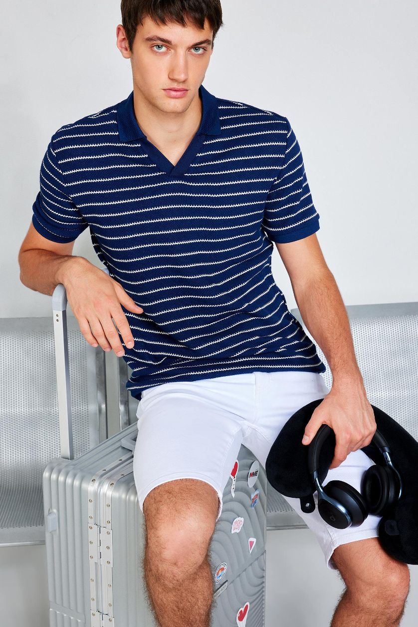 Erkek Lacivert Regular Fit Polo Yaka Çizgili Triko Kısa Kollu Tişört